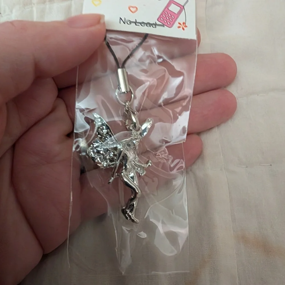 Silver Fairy Phone Charm with Crystal Wings - Decorative Cellphone Accessory